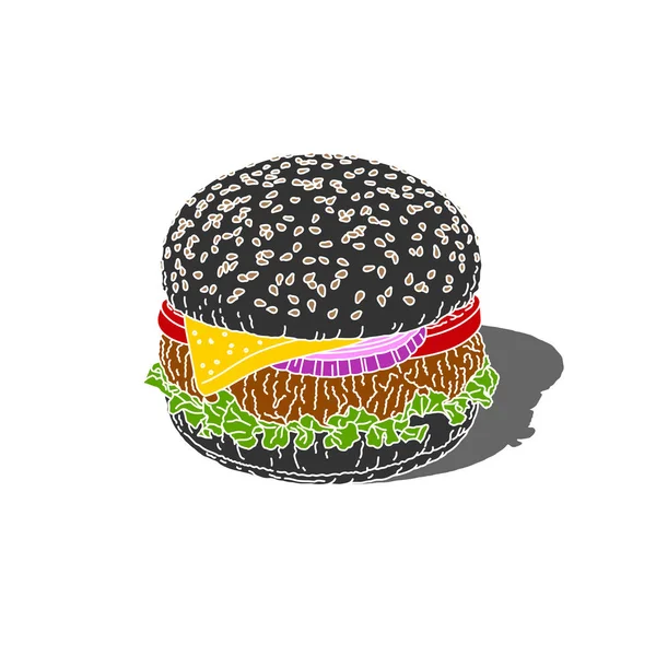 Dana et veya sebze pirzama peynir burger hamburger büyük mac sandviç, domates ile, salata yaprağı, soğan, siyah ekmek, susam, anahatolmadan vektör şablon çizim. Bistro. Amerikan çerez.