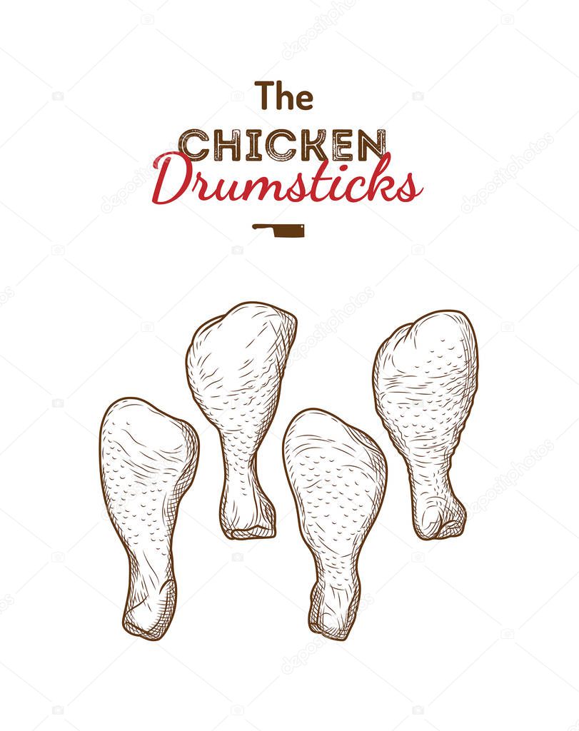 Set of fresh raw cuts of chicken isolated pieces. Chicken logo, label, sign, emblem. For shop, farm, butcher, butchery, poultry. Vintage style.