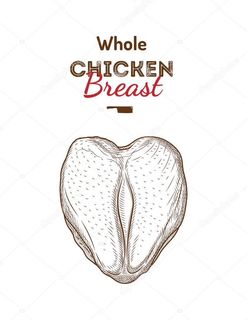 Fresh raw cuts of chicken isolated pieces. Chicken logo, label, sign, emblem. For shop, farm, butcher, butchery, poultry. Vintage style.