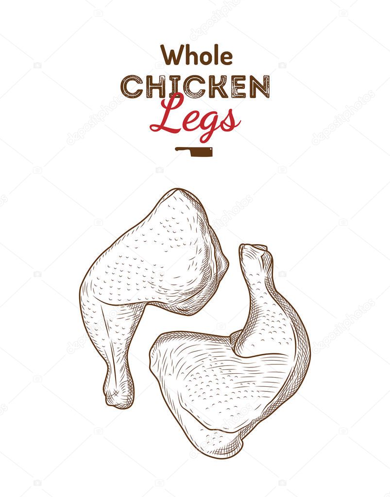 Set of fresh raw cuts of chicken isolated pieces. Chicken logo, label, sign, emblem. For shop, farm, butcher, butchery, poultry. Vintage style.