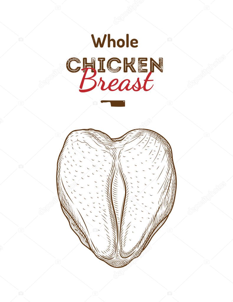 Fresh raw cuts of chicken isolated pieces. Chicken logo, label, sign, emblem. For shop, farm, butcher, butchery, poultry. Vintage style.