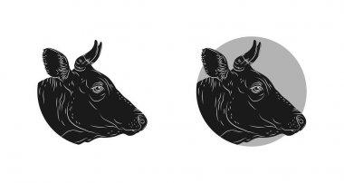 İnek, buzağı veya boğa kafası beyaz arka planda izole. Profil görünümü. Sığır logosu. Kasaplık işareti. Sığır eti, çiftlik sembolü. Tavuk. Siyah ve beyaz amblem, sembol, siluet. Damga. Vektör şablonu illüstrasyon. Çizim. 