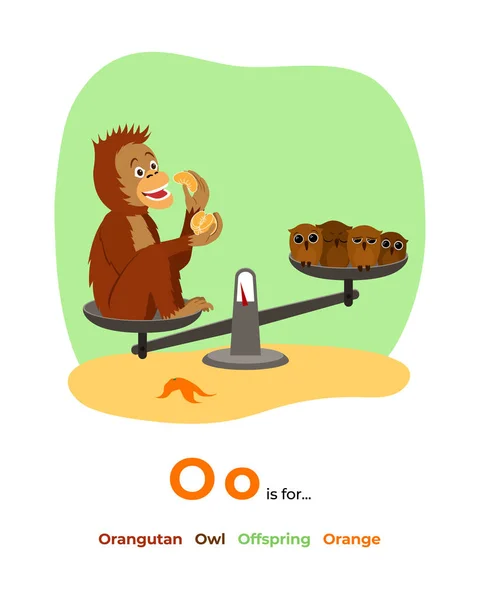 Orangutan, baykuş, yavru, turuncu, kilolu bu harf resimleri ile çocuklar için O harfi ile İngilizce alfabe Renkli karikatür