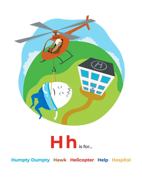 Çocuklar için H harfi ile İngilizce alfabe Renkli karikatür, humpty dumpty, humpty-dumpty, şahin, helikopter, yardım, hastane ile bu harf resimleri ile. 