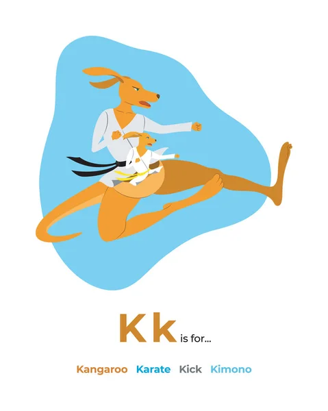 Çocuklar için K harfi ile İngilizce alfabe Renkli karikatür, kanguru, karate, tekme, tekme, kimono, bebek kanguru, mücadele ile bu harf resimleri ile.