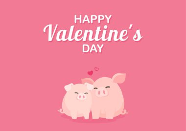 Sevgililer günü tebrik kartı şirin domuz ile mutlu bir şekilde, karikatür vektör çizim sarılma çiftler.