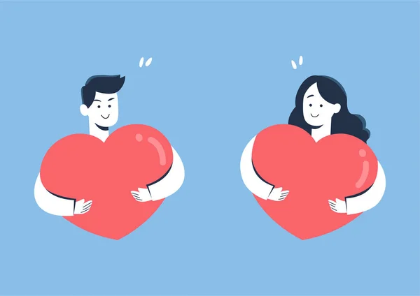 Linda Pareja Sonriendo Mientras Abraza Corazón Concepto San Valentín Ilustración — Vector de stock