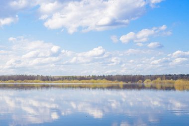Mavi gökyüzü ve bulutlar nehre yansıdı. Su yüzeyinde dalgalanmalar. Ufukta orman