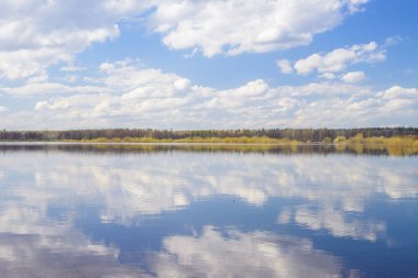 Mavi gökyüzü ve bulutlar nehre yansıdı. Su yüzeyinde dalgalanmalar. Ufukta orman