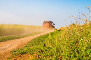 Kırmızı bir araba toprak bir yolda bir toz bulutu toplayarak gidiyor. Arazi boyunca uzanan kırsal yol. Berrak güneşli hava.