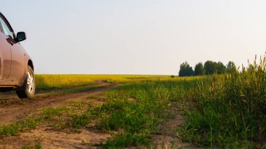 bir çayır geçen bir ülke kir yolda kırmızı araba