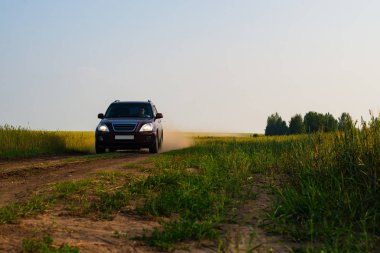 Kızıl geçit bir ülke toprak yolda toz bulutu yükseltir. Yeşil çayır boyunca yol.