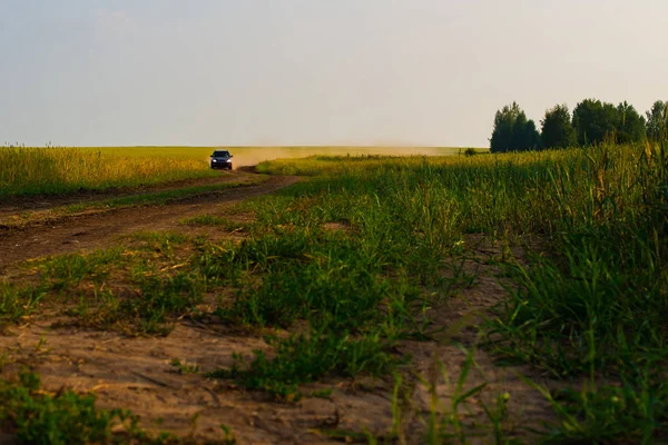 Le croisement rouge soulève un nuage de poussière sur un chemin de terre de campagne. La route le long de la prairie verte . — Photo
