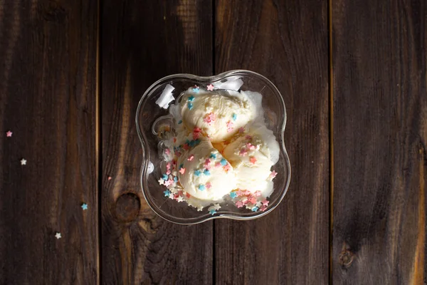 White Balls Vanilla Ice Cream Colorful Sprinkles Dessert Bowl Decorated — Stock Photo, Image