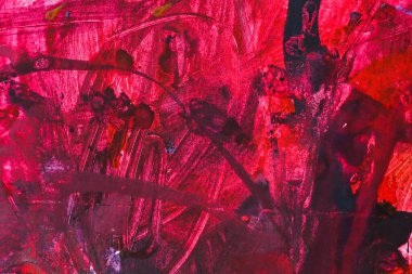 Kırmızı ve siyahın soyut gouache dokusu. Beyaz bir kağıttaki boya darbelerinin yakın çekimi.