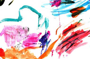 Çok renkli guaj balığının soyut dokusu. Beyaz bir kağıttaki boya darbelerinin yakın çekimi.