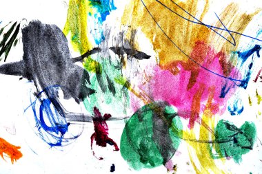 Çok renkli guaj balığının soyut dokusu. Beyaz bir kağıttaki boya darbelerinin yakın çekimi.