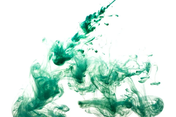 Ένα Σύννεφο Πράσινης Μπογιάς Απελευθερώνεται Καθαρό Νερό Απομόνωση Λευκό Φόντο — Φωτογραφία Αρχείου