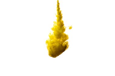 Temiz suya bırakılmış sarı bir boya bulutu. Beyaz arkaplanda izole et.