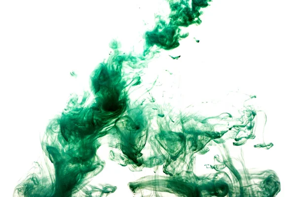 Ένα Σύννεφο Πράσινης Μπογιάς Απελευθερώνεται Καθαρό Νερό Απομόνωση Λευκό Φόντο — Φωτογραφία Αρχείου