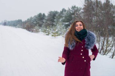 Genç ve güzel bir kız kış yolunda eğleniyor.