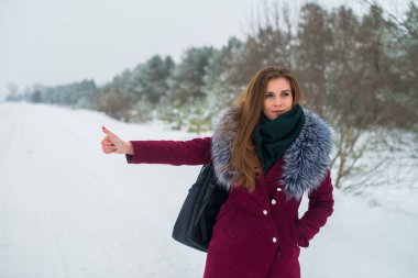 Sırt çantalı güzel bir kız otostopçu arabayı kış yolunda yakalar.