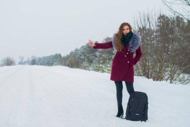 Sırt çantalı güzel bir kız otostopçu arabayı kış yolunda yakalar.