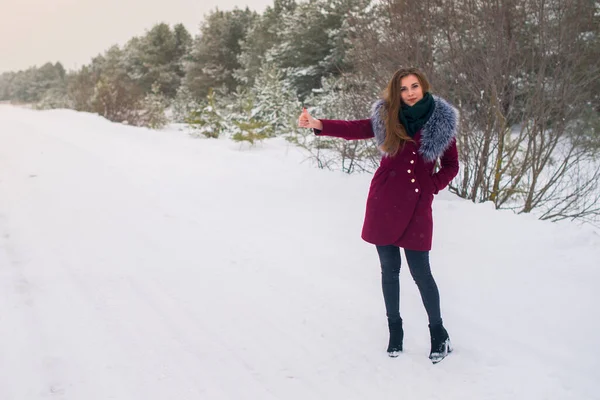 Genç ve güzel bir kız otostopçu kış yolunda araba yakalar.