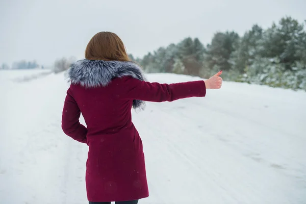 Joven Hermosa Chica Autoestopista Capturas Coche Invierno Carretera — Foto de Stock