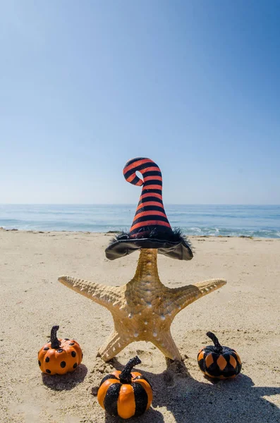 Halloween Bakgrund Med Starfishes Häxans Hattar Sandstranden Nära Havet — Stockfoto