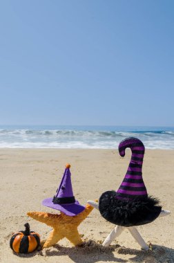 Cadılar Bayramı arka plan cadının şapka Okyanusu yakınlarındaki kum plajındaki starfishes ile 