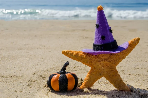 Halloween background with starfishes in the witch\'s hats on the sandy beach near the ocean