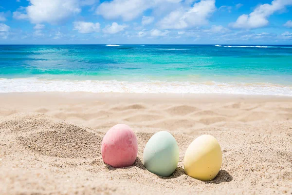 На песчаном пляже счастливая пожирательница лепешек с яйцами — стоковое фото