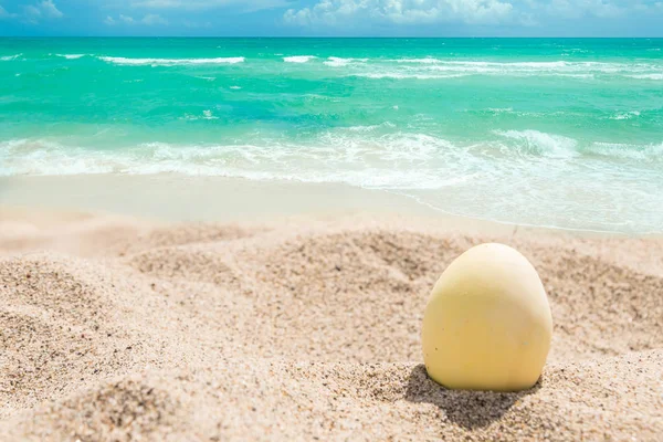 Fröhliche Ostern Schriftzug Hintergrund mit Eiern am Sandstrand — Stockfoto