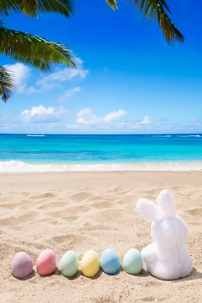 Praia fundo de Páscoa com coelho e ovos de cor — Fotografia de Stock