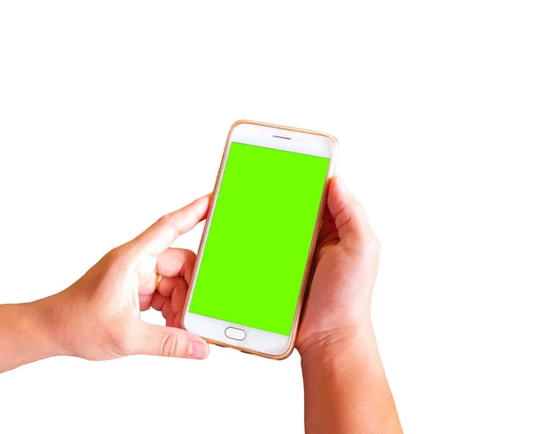 Close-up de mão segurando smartphone isolado no fundo branco — Fotografia de Stock