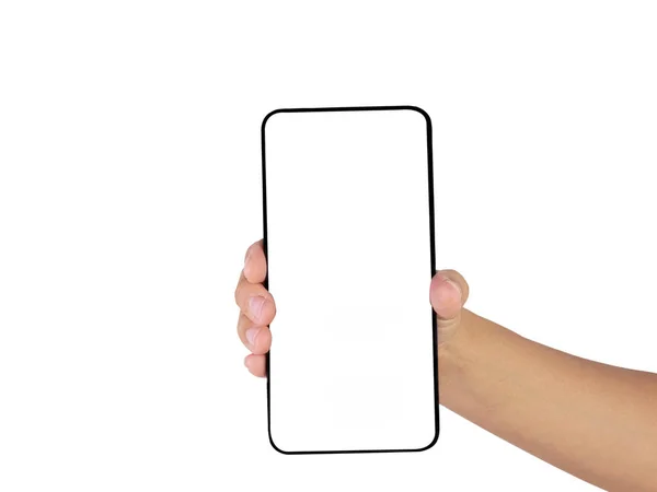 Close-up de mão segurando smartphone isolado no fundo branco — Fotografia de Stock