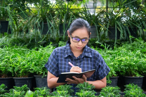 Egy farmer ázsiai nő portréja az üvegházban, megjegyzéssel — Stock Fotó