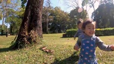 İki kardeş bir yaz parkında oyun oynarken eğleniyorlar. Mutlu aile ve çocukluk kavramları.