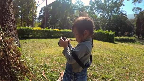 自然の分野でカメラを持つアジアの子供の女の子 公園で少女写真家が木の写真を撮る テクノロジーと教育の概念自然を学ぶ — ストック動画