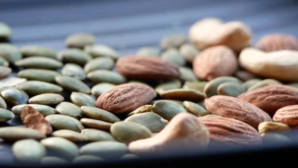 Nuts Mix Almond Cashew Pumpkin Seeds Healthy Diet Black Background — Stock Video