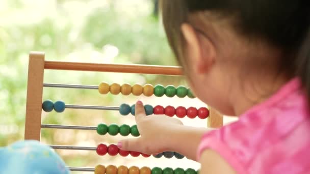 Cute Sibling Child Girls Learning Counting Educational Colorful Wooden Abacus — Stock Video