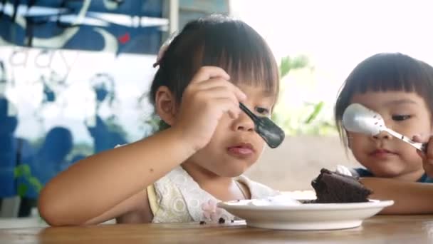 クローズアップ2人の可愛い女の子のポートレートが一緒にカフェでチョコレートケーキと食事を楽しんでいます — ストック動画