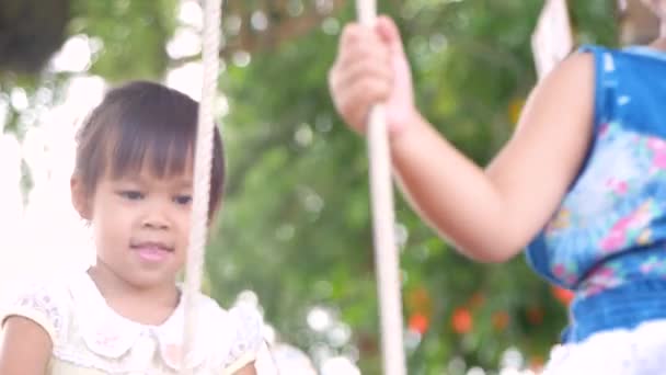 Retrato Dos Niñas Guapas Jugando Con Columpios Madera Jardín Felizmente — Vídeo de stock