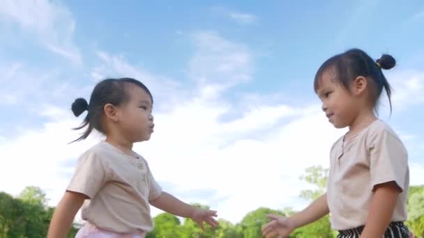 Zwei Geschwistermädchen Umarmen Sich Einem Heißen Sommertag Garten Und Zeigen — Stockvideo