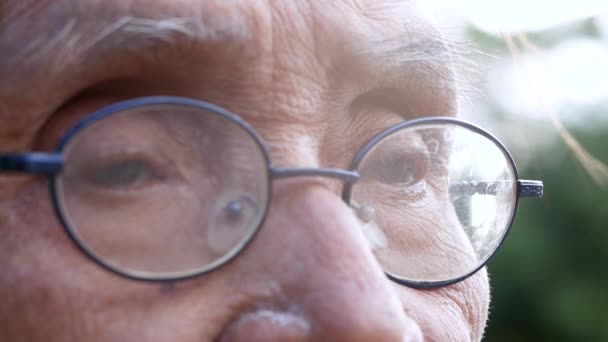 Großaufnahme Der Augen Eines Älteren Mannes Mit Brille Der Leer — Stockvideo