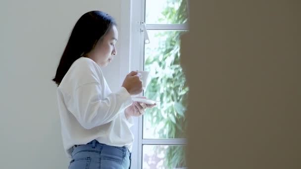 Жінка Гарячий Напій Чашки Стоячи Біля Вікна Насолоджуючись Природою Через — стокове відео
