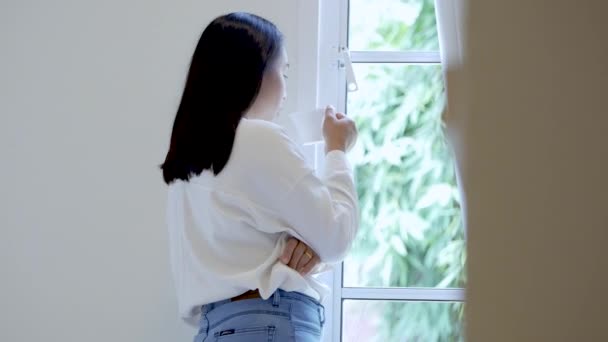 Femme Boit Une Boisson Chaude Dans Une Tasse Debout Fenêtre — Video