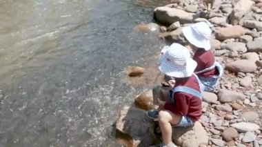 Nehrin kıyısındaki bir kayada oturan iki kız yaz günü balıkları beslerken eğleniyorlardı. Tatilde aile gezisi.