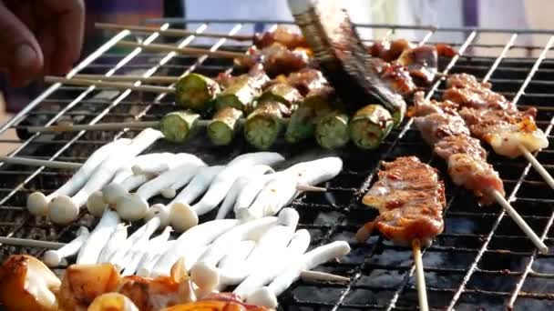 Bbq Yunnan Style Meat Squid Mushroom Pork Grilling Charcoal Grill — Stock Video